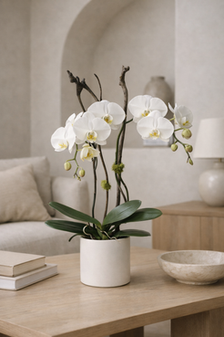 white-phalaenopsis-orchid-lifestyle-interior-montreal.jpg
Alt text: White Phalaenopsis orchid arrangement in a matte white ceramic pot styled in a warm contemporary interior with soft architectural lines, reflecting the aesthetic of a luxury florist Montreal.