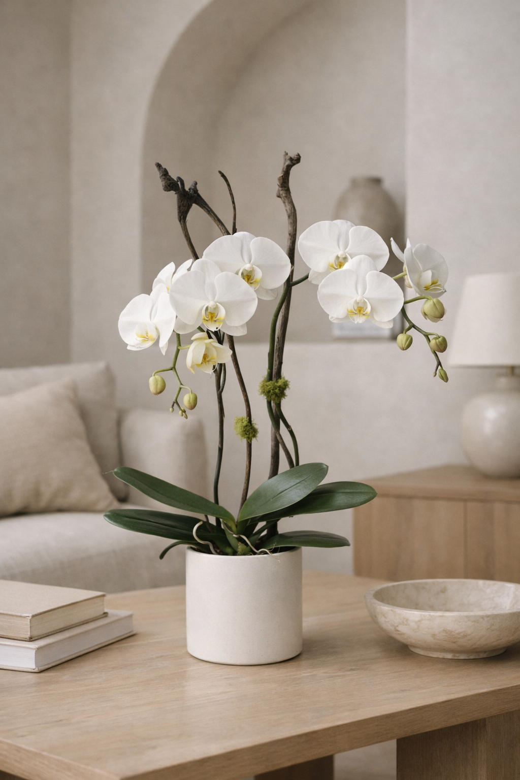 white-phalaenopsis-orchid-lifestyle-interior-montreal.jpg
Alt text: White Phalaenopsis orchid arrangement in a matte white ceramic pot styled in a warm contemporary interior with soft architectural lines, reflecting the aesthetic of a luxury florist Montreal.