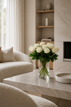 White cream Mondial rose bouquet in a clear vase, styled as a refined product image for same-day flower delivery Montreal with a timeless editorial finish.