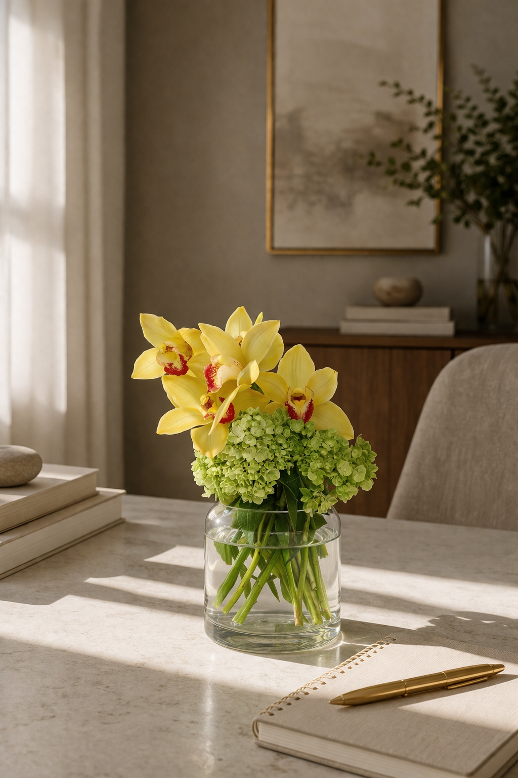 Yellow cymbidium orchids and green hydrangeas in a clear cylindrical vase styled on a warm contemporary desk, photographed in soft natural light for an elegant flower delivery Montreal or same-day flower delivery Montreal lifestyle image.