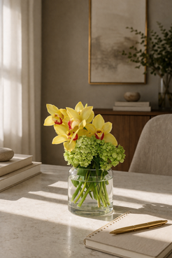 Yellow cymbidium orchids and green hydrangeas in a clear cylindrical vase styled on a warm contemporary desk, photographed in soft natural light for an elegant flower delivery Montreal or same-day flower delivery Montreal lifestyle image.